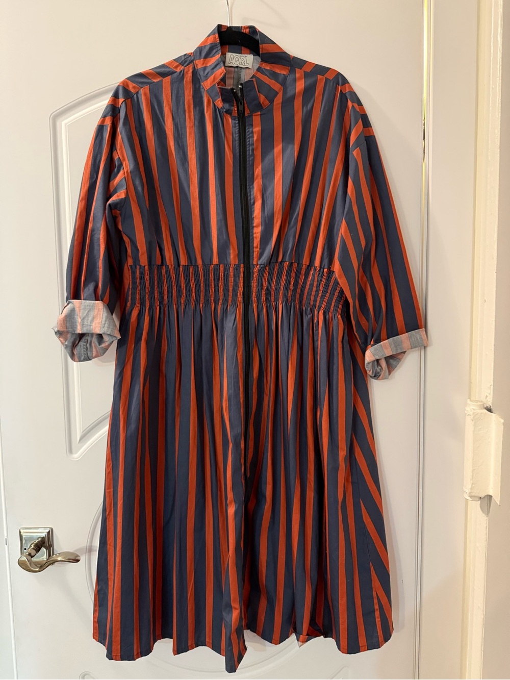 AQRL Striped Casual Zipper Midi Dress in Navy & Orange sz L